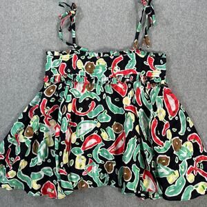 Mii Aux Cyclades Babydoll Top Women's XS Shoulder Tie Raw Hem Green Red Flowy